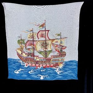 Vintage 1970s Textured Scarf Made in Japan Colorful Sailing Ship on Blue Waves